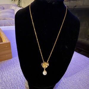 Sold - Gold-Tone Floral Necklace with Pearl Drop